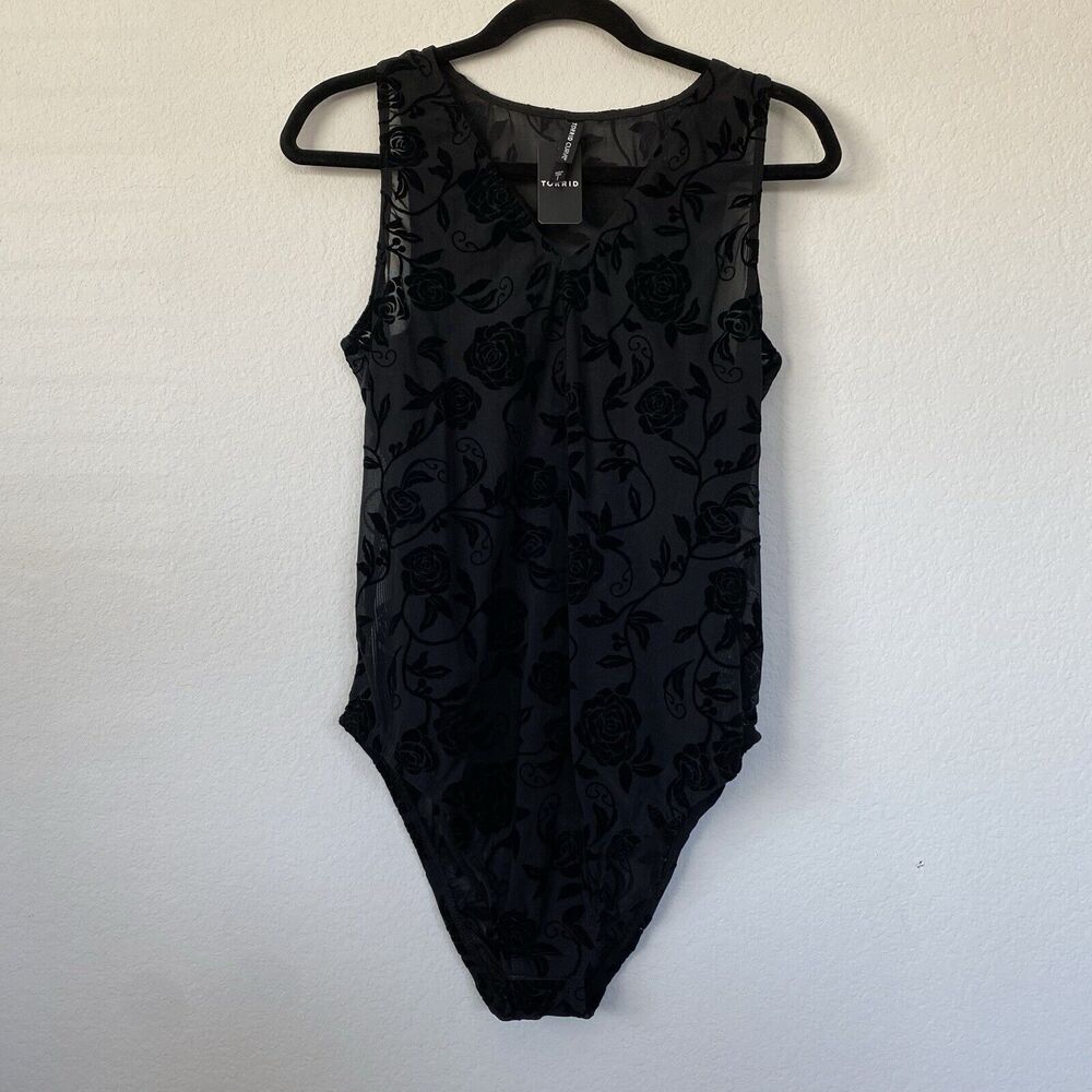 Torrid Black Flocked Rose Mesh V-Neck Bodysuit Semi-Transparent‎ 1X Whimsigoth